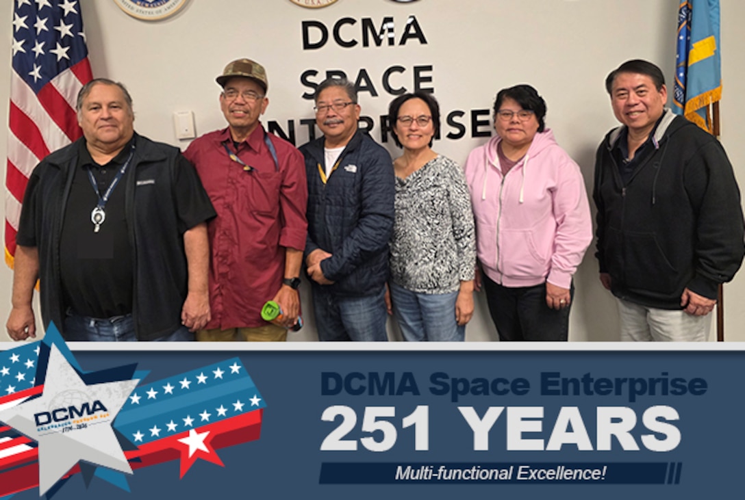 A group stands for a photo with patriotic imagery superimposed