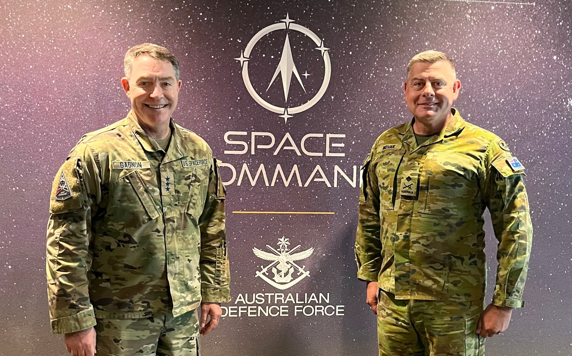 U.S. Space Force Lt. Gen. Gregory Gagnon (left), commander of U.S. Space Force Combat Forces Command, meets with Australian Major General Greg Novak (right), commander of Australian Defence Space Command, in Canberra, Australia, April 23, 2026. (Courtesy Photo by Australian Defence Space Command)