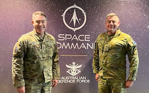 U.S. Space Force Lt. Gen. Gregory Gagnon (left), commander of U.S. Space Force Combat Forces Command, meets with Australian Major General Greg Novak (right), commander of Australian Defence Space Command, in Canberra, Australia, April 23, 2026. (Courtesy Photo by Australian Defence Space Command)