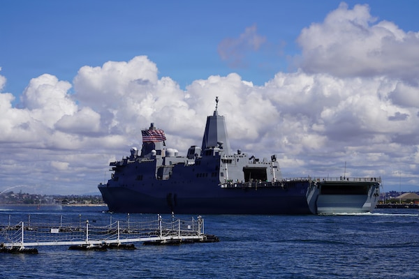 SAN DIEGO (April 11, 2026) USS John P. Murtha (LPD 26) returns to port after recovering NASA’s Artemis II crew and their spacecraft, Integrity. Naval Health Research Center (NHRC) supported post-flight engineering and science activities for the ‘A Virtual Astronaut Tissue Analog Response’ (AVATAR) project. AVATAR studied four bone marrow organ chips made from tissue donated from each of the Artemis II crew, Reid Wiseman, Victor Glover, Christina Koch and Jeremy Hansen. AVATAR examined the impact of microgravity and radiation exposure on human cell biology in deep space and represents a historic milestone as the first organ chip experiment deployed beyond Earth's Van Allen Belts. NHRC, part of Navy Medicine Research & Development, supports Navy, Marine Corps and joint U.S. warfighter health readiness and lethality with research and development that delivers high-value, high-impact solutions to the health and readiness challenges U.S. military population faces on the battlefield, at-sea, home and abroad. (U.S. Navy photo by Matthew Reyes/released)