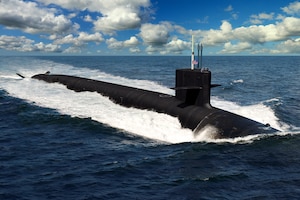 A photo illustration of a submarine as it moves on top of the water.