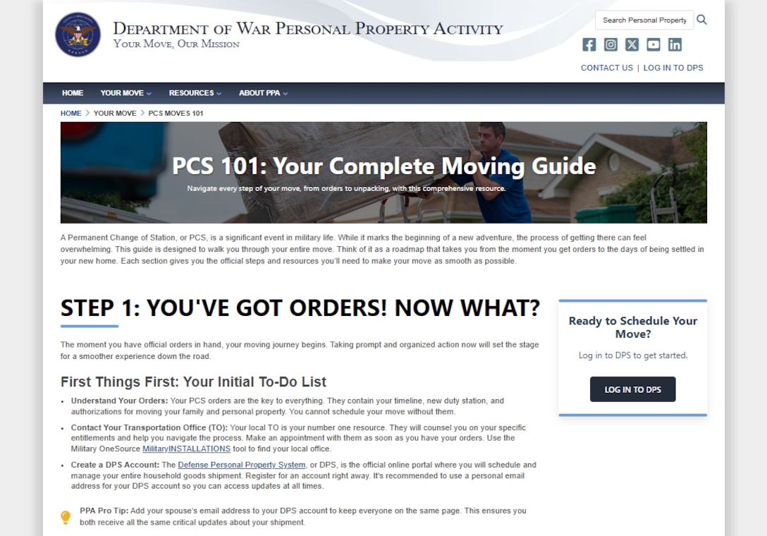 A screenshot of a webpage that reads, “PCS 101: Your Complete Moving Guide,”  

along with more information about military moves.
