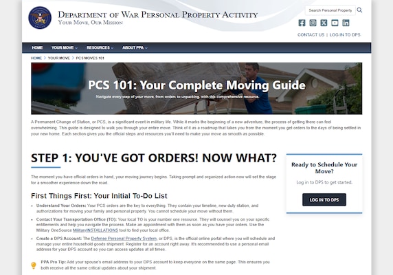 A screenshot of a webpage that reads, “PCS 101: Your Complete Moving Guide,”  

along with more information about military moves.