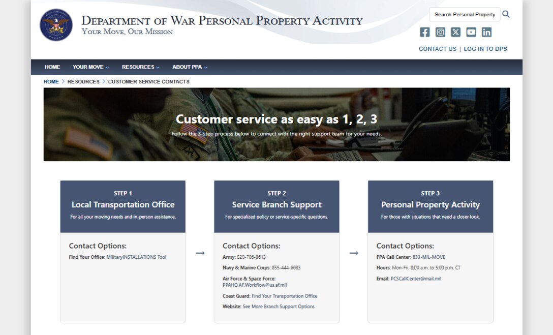 A screenshot of a webpage that reads, “Customer service as easy as 1, 2, 3,” along with information about military moves.