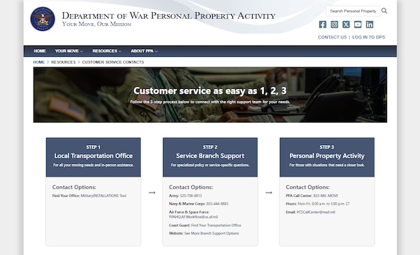 A screenshot of a webpage that reads, “Customer service as easy as 1, 2, 3,” along with information about military moves.