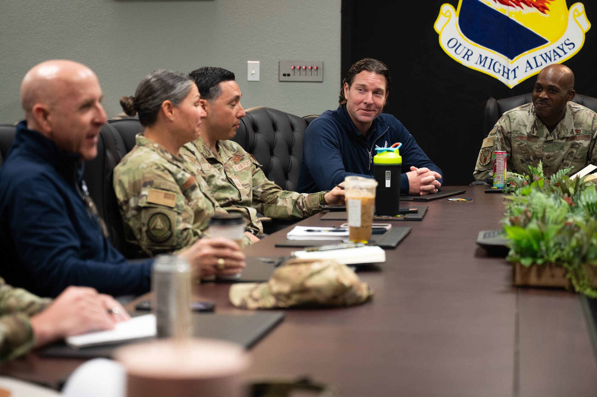 U.S. Air Force retired Maj. Gen. Ed Thomas, Air and Space Forces Aid Society chief executive officer, left, and Packy Lyden, AFAS chief development officer, right, meet with installation first sergeants to discuss the impact of AFAS programs. at Davis-Monthan Air Force Base, Arizona, April 29, 2026. AFAS supports Airmen, Guardians and their families by providing emergency assistance and community-based support. (U.S. Air Force photo by Airman 1st Class Jaden Kidd)