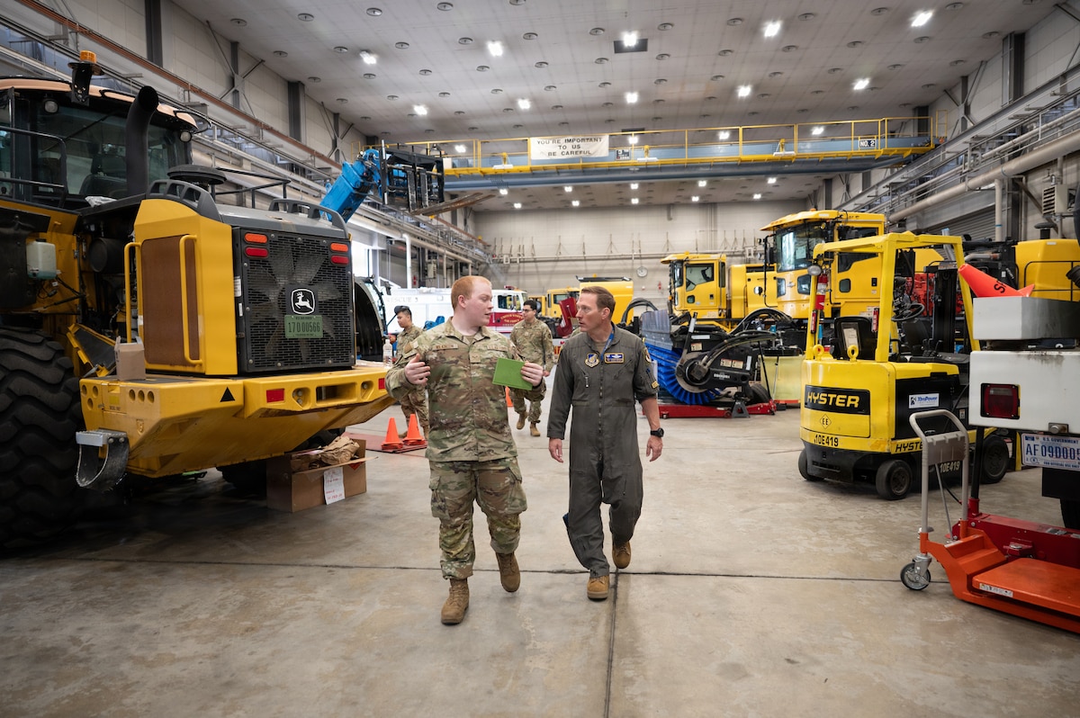 U.S. Air Force Airman 1st Class Zachary Wilkinson, 35th Logistics Readiness Squadron fleet management and analysis technician, briefs Col. Paul Davidson, 35th Fighter Wing commander, during a Wild Weasel Walk-through at Misawa Air Base, Japan, April 27, 2026. Wilkinson emphasized fleet readiness and equipment capabilities, supporting the wing’s ability to sustain operations and project combat airpower in the Indo-Pacific region. (U.S. Air Force photo by Airman 1st Class Angelica Winther)