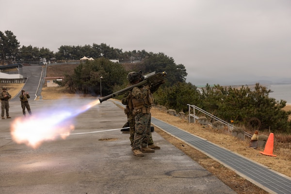 U.S. Marine Corps Lance Cpl. Joseph Coller, a low altitude air defense gunner with 12th Littoral Anti-Air Battalion, 12th Marine Littoral Regiment, 3rd Marine Division, employs the FIM-92 Stinger during Korean Marine Exchange Program 26.1 at Daecheon Firing Range, Republic of Korea, March 18, 2026.