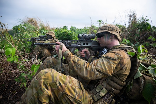 Australian Army soldiers assigned to 5th/7th Battalion, Royal Australian Regiment hold security positions during Exercise Balikatan 2026 at Itbayat Airport, Itbayat, Philippines, April 23, 2026