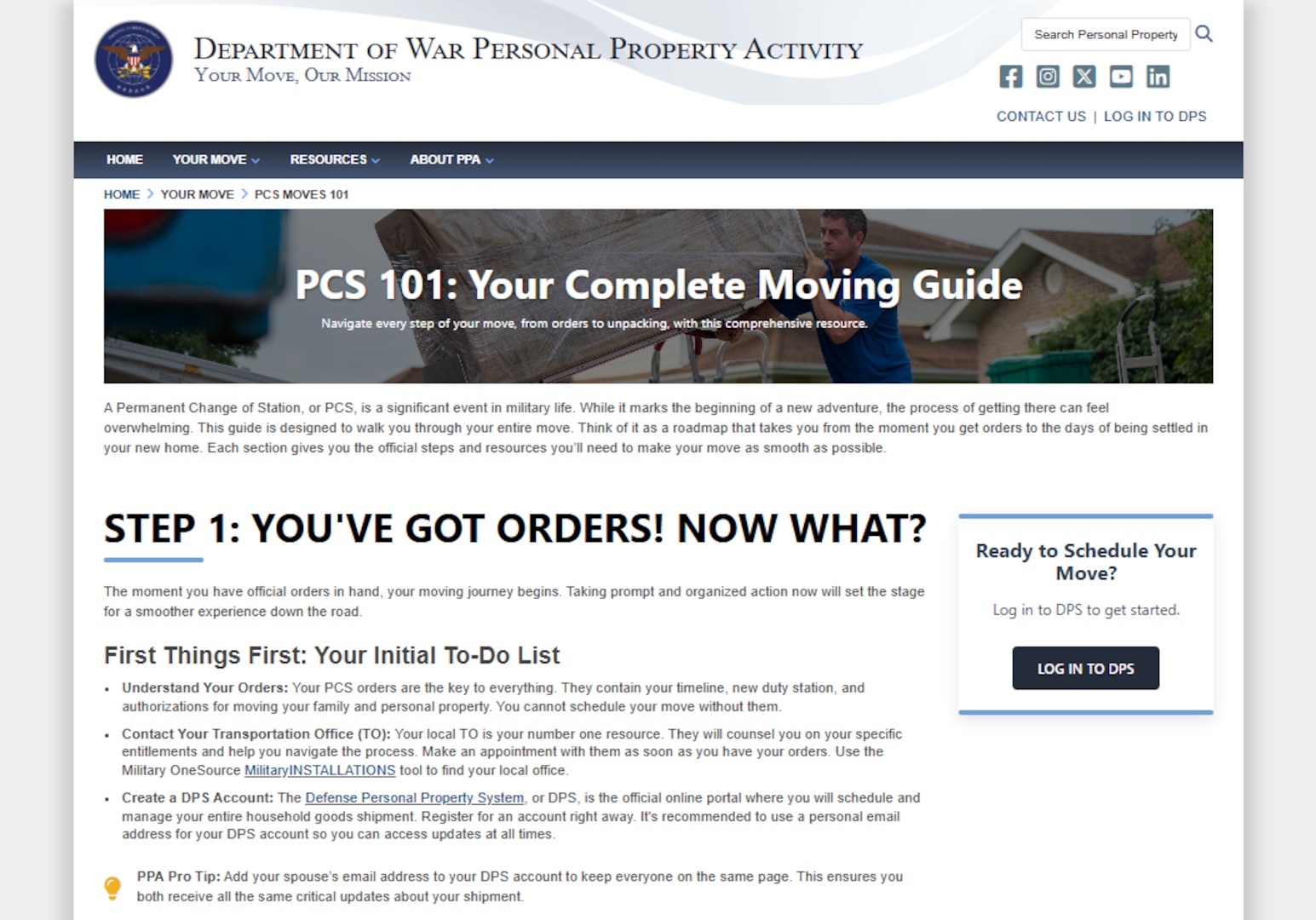 A screenshot of a webpage that reads, “PCS 101: Your Complete Moving Guide,”  

along with more information about military moves.