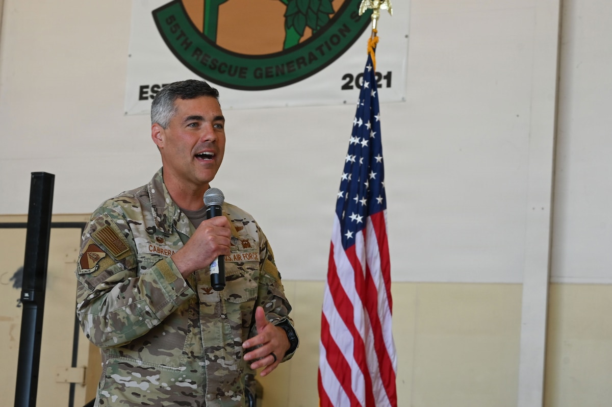 U.S. Air Force Col. Jose Cabrera, 355th Wing commander, shares remarks with personnel assigned to the 55th and 48th Rescue Squadrons during a Presidential Unit Citation ceremony at Davis-Monthan Air Force Base, Arizona, April 17, 2026. Members of the 563d Rescue Group participated in Operation Allies Refuge, executing combat search and rescue operations in support of the final withdrawal of U.S. troops from Afghanistan, resulting in the safe evacuation of 124,000 people between July 16 and Aug. 31, 2021. (U.S. Air Force photo by Staff Sgt. Kahdija Slaughter)