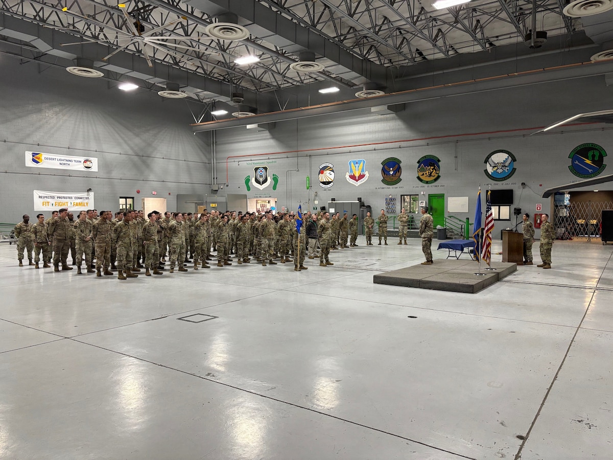 U.S. Air Force Col. Jose Cabrera, 355th Wing commander, delivers remarks to members of the 355th Aircraft Maintenance Squadron during a presidential unit citation ceremony at Nellis Air Force Base, Nevada, Jan. 16, 2026. During the ceremony, the 355 AMXS received a new streamer for their unit guidon for their exemplary efforts during the final withdrawal of U.S. troops from Afghanistan – resulting in the safe evacuation of 124,000 people between July 16 - Aug. 31, 2021. (Courtesy Photo)