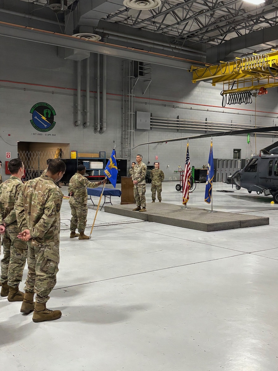 U.S. Air Force Col. Jose Cabrera, 355th Wing commander, delivers remarks to members of the 355th Aircraft Maintenance Squadron during a presidential unit citation ceremony at Nellis Air Force Base, Nevada, Jan. 16, 2026. Other units recognized for their efforts during Operation Allies Refuge in Afghanistan include members assigned to the 55th and 48th Rescue Squadrons. (Courtesy Photo)
