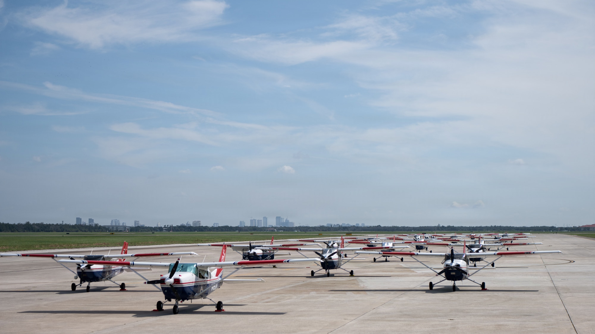 Civil Air Patrol aircraft assemble for Operation Steadfast Eagle at MacDill Air Force Base, Florida, July 25, 2026. The Florida Wing CAP partnered with the 6th ARW to demonstrate the CAP’s ability to generate and deploy aircraft and crews in support of U.S. Air Force Operations. (U.S. Air Force Photo by Airman 1st Class Helen Ly)