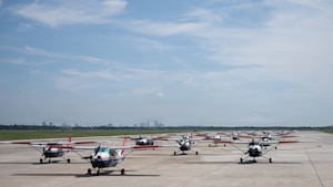 Civil Air Patrol aircraft assemble for Operation Steadfast Eagle at MacDill Air Force Base, Florida, July 25, 2026. The Florida Wing CAP partnered with the 6th ARW to demonstrate the CAP’s ability to generate and deploy aircraft and crews in support of U.S. Air Force Operations. (U.S. Air Force Photo by Airman 1st Class Helen Ly)