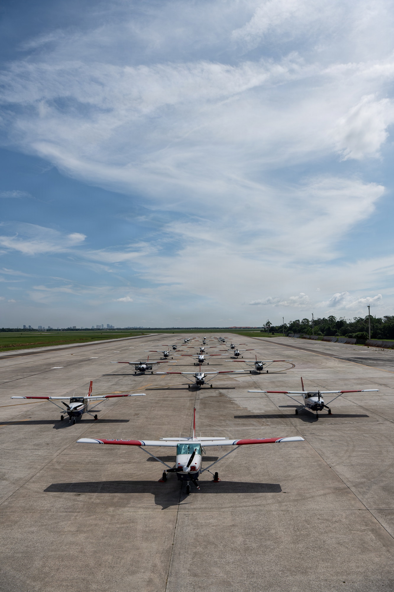 Civil Air Patrol aircraft assemble for Operation Steadfast Eagle at MacDill Air Force Base, Florida, July 25, 2026. The exercise provided critical training for both CAP and the 6th Air Refueling Wing, sharpening communication between the organizations during dense flight operations. (U.S. Air Force Photo by Airman 1st Class Helen Ly)