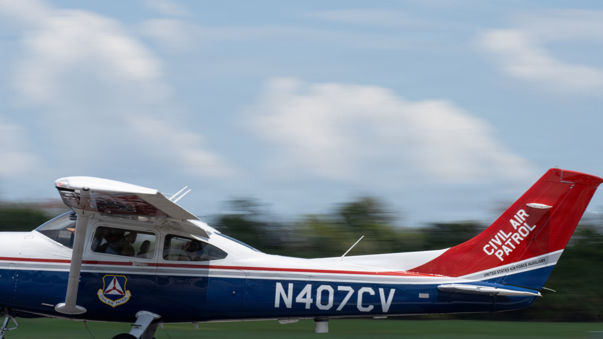 A Florida Wing Civil Air Patrol Cessna C-182 takes off from MacDill Air Force Base, Florida during Operation Steadfast Eagle, July 25, 2026. The flight provided U.S. Air Force Col. Brendan P. Hopkins, 6th Operations Group commander, direct observation of CAP’s aerial search methods and flight operations. (U.S. Air Force Photo by Airman 1st Class Helen Ly)