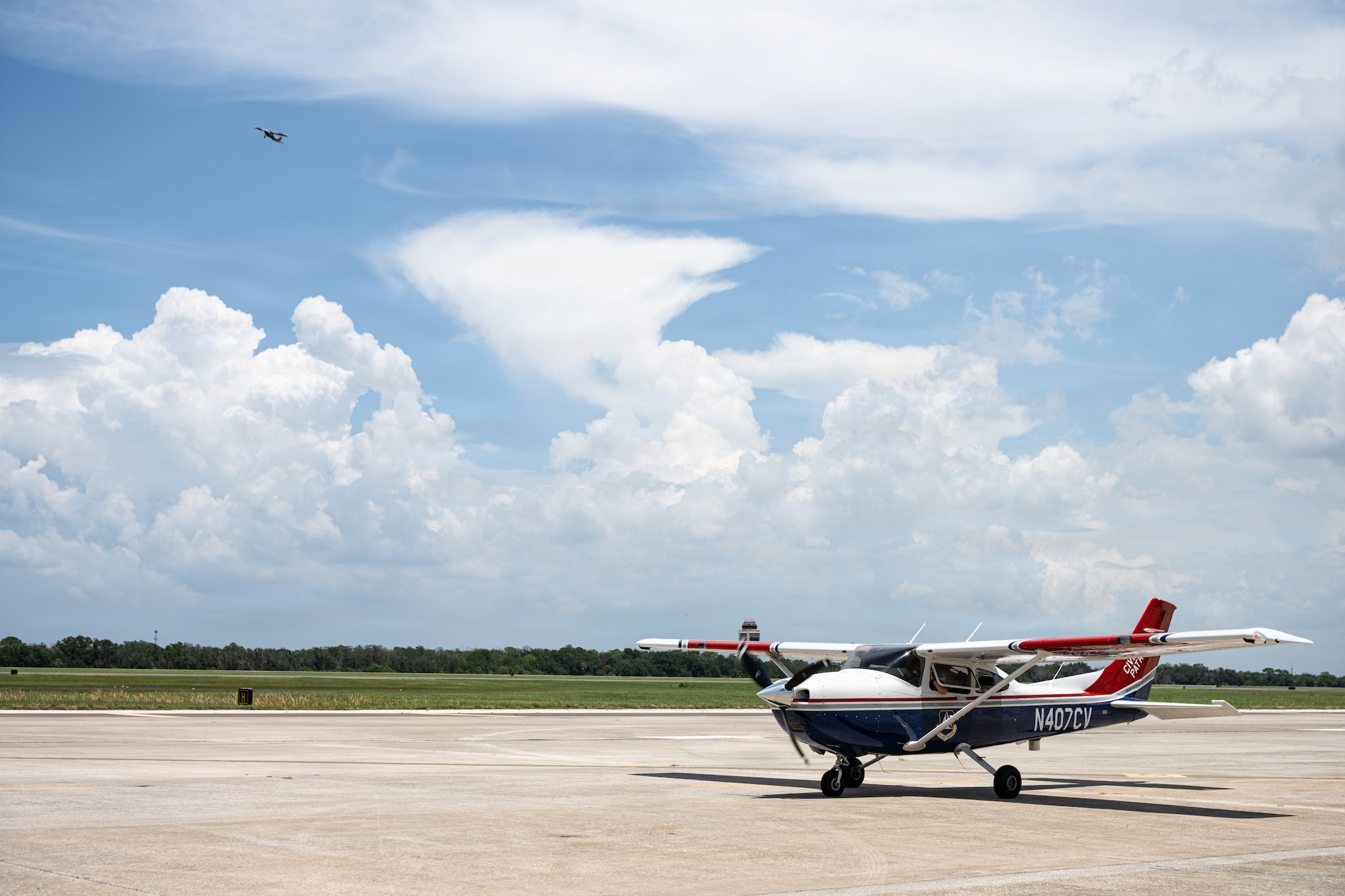 A Florida Wing Civil Air Patrol Cessna C-182 parks on the flightline at MacDill Air Force Base, Florida, July 25, 2026. The Florida Wing CAP partnered with the 6th ARW to demonstrate the CAP’s ability to generate and deploy aircraft and crews in support of U.S. Air Force Operations. (U.S. Air Force Photo by Airman 1st Class Helen Ly)