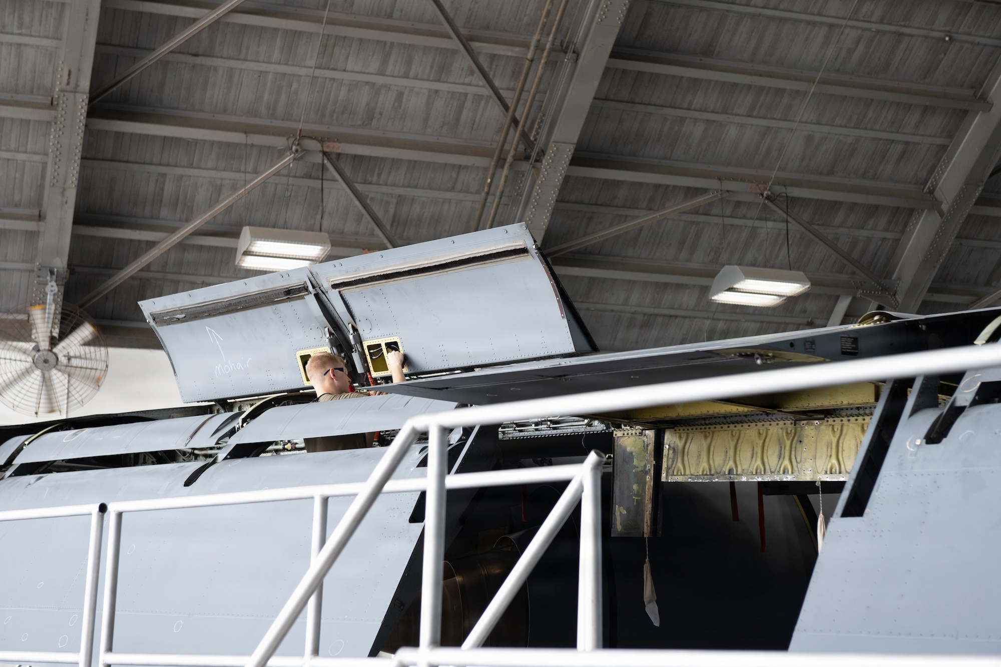 U.S. Air Force Airman 1st Class Jack Cin, 6th Maintenance Squadron isochronal inspection journeyman, inspects the wing of a KC-135 Stratotanker at MacDill Air Force Base, Florida, July 29, 2026. Isochronal inspection Airmen, perform routine preventative maintenance on aircraft to maintain its integrity and readiness. (U.S. Air Force photo by Senior Airman Derrick Bole)