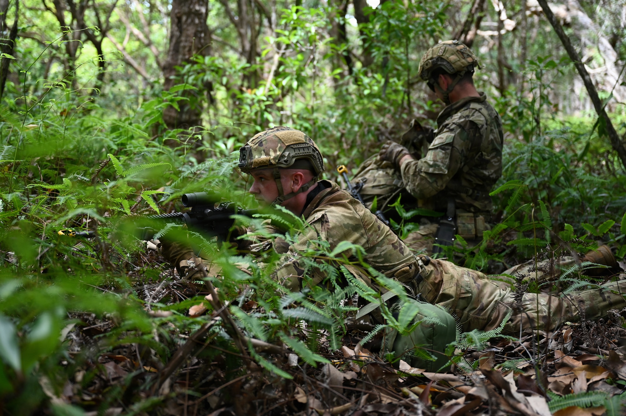 Security Forces Airmen assigned to the Ohio Air National Guard's 178th Security Forces Squadron prepare for an ambush exercise during annual training at Schofield Barracks, Hawaii, July 19, 2026. The training challenges Airmen to strengthen tactical proficiency, teamwork and expeditionary readiness while operating in unfamiliar terrain and austere conditions. (U.S. Air National Guard photo by Tech. Sgt. Tiffany Scofield)