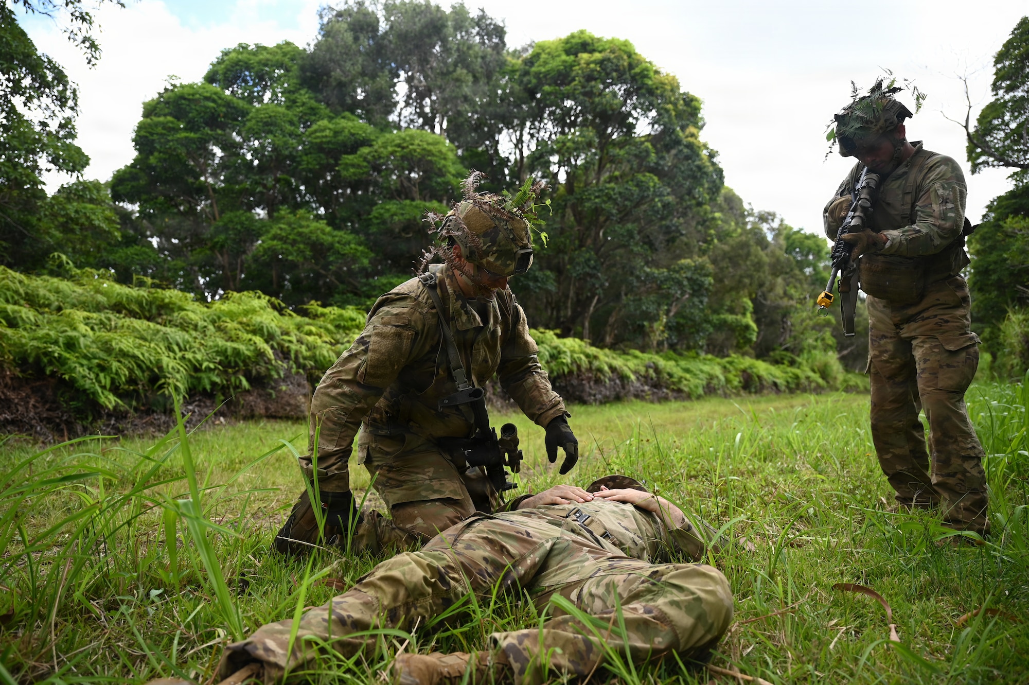 Security Forces Airmen assigned to the Ohio Air National Guard's 178th Security Forces Squadron conduct an ambush exercise during annual training at Schofield Barracks, Hawaii, July 19, 2026. The training challenges Airmen to strengthen tactical proficiency, teamwork and expeditionary readiness while operating in unfamiliar terrain and austere conditions. (U.S. Air National Guard photo by Tech. Sgt. Tiffany Scofield)