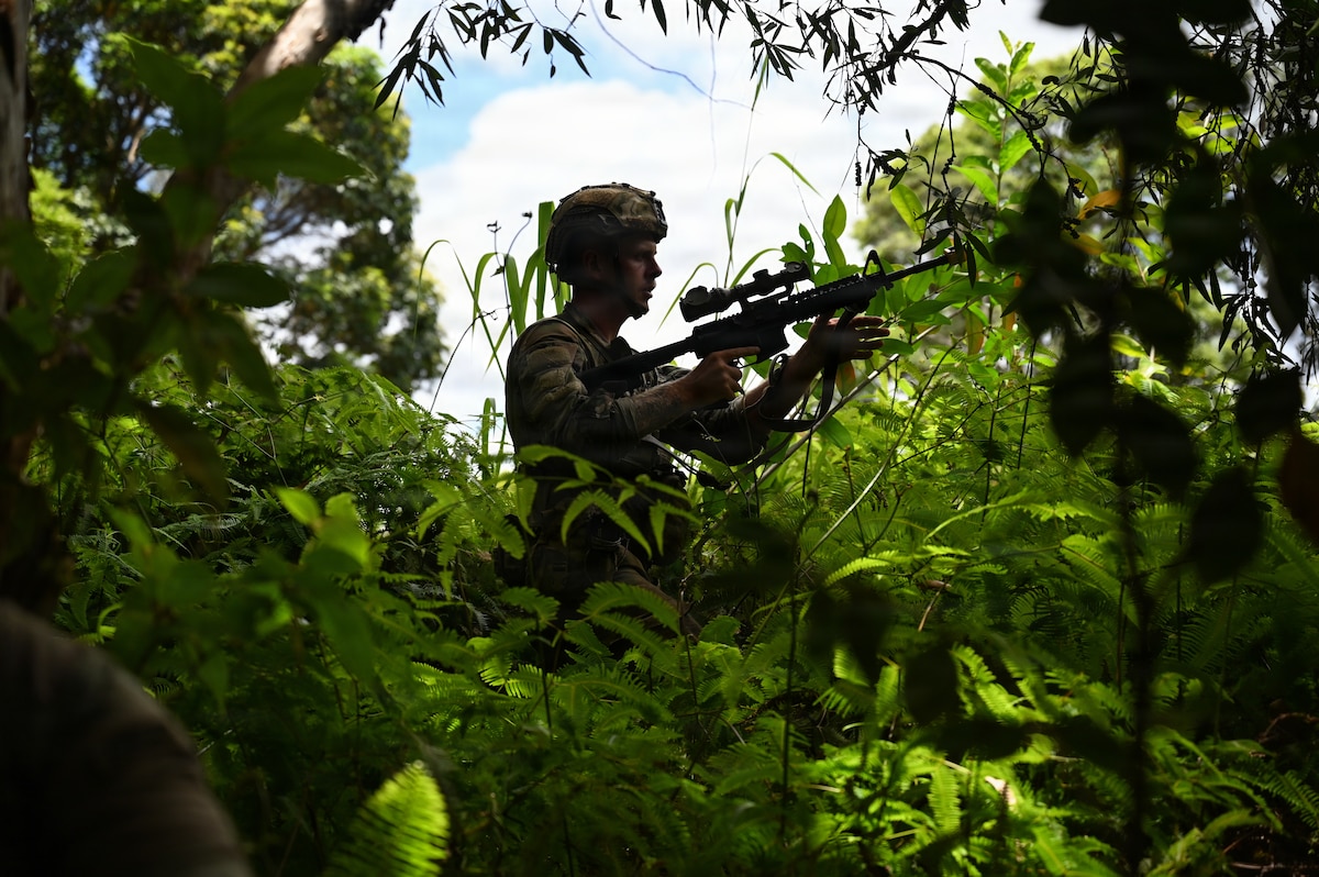 Security Forces Airmen assigned to the Ohio Air National Guard's 178th Security Forces Squadron prepare for an ambush exercise during annual training at Schofield Barracks, Hawaii, July 19, 2026. The training challenges Airmen to strengthen tactical proficiency, teamwork and expeditionary readiness while operating in unfamiliar terrain and austere conditions. (U.S. Air National Guard photo by Tech. Sgt. Tiffany Scofield)