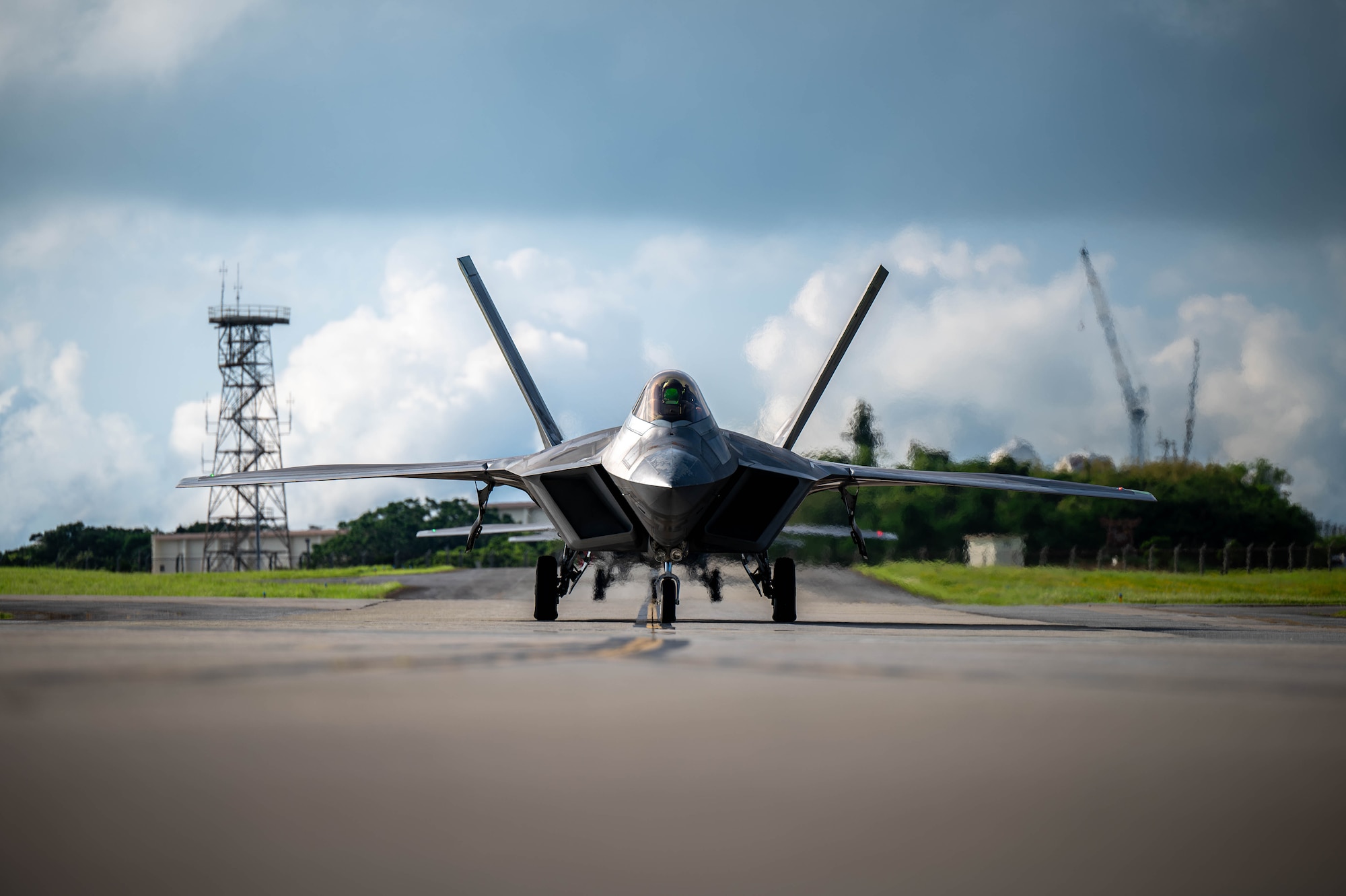 U.S. Air Force F-22 Raptors assigned to the 27th and 90th Expeditionary Fighter Squadrons, deployed to Kadena Air Base, taxi to the runway during readiness exercise BB26-1 at Kadena Air Base, Japan, Aug. 3, 2026. Kadena Air Base’s training is critical to deterring aggression and being ready to fight and win to protect the vital interests of the U.S. and Japan. (U.S. Air Force photo by Airman 1st Class Nathaniel Jackson)