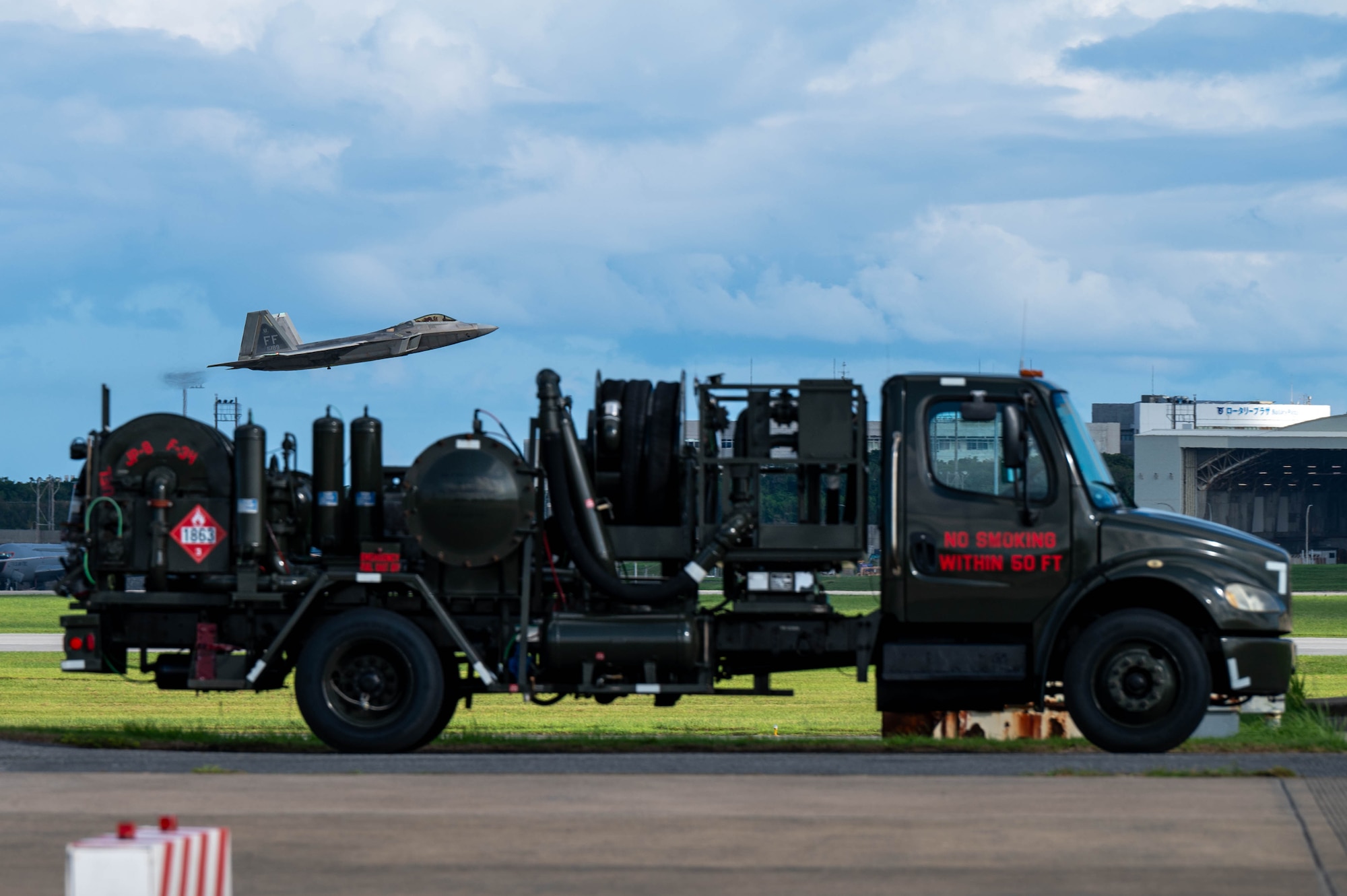 A U.S. Air Force F-22 Raptor assigned to the 27th Expeditionary Fighter Squadron, deployed to Kadena Air Base, takes off during readiness exercise BB26-1 at Kadena Air Base, Japan, Aug. 3, 2026. Exercises and operations incorporating agile combat employment concepts ensure forward-deployed forces in the Indo-Pacific are ready to protect and defend the United States, allied and partner interests at a moment’s notice. (U.S. Air Force photo by Airman 1st Class Nathaniel Jackson)