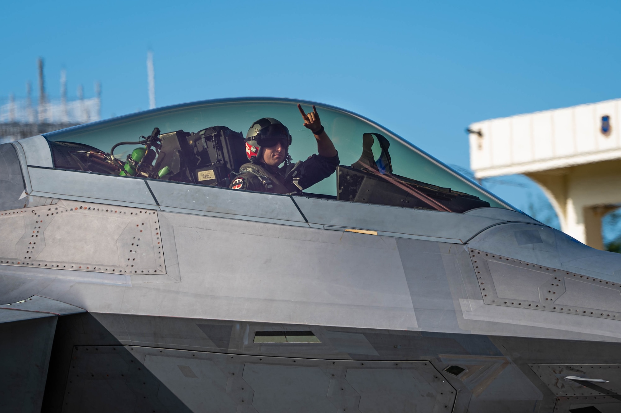 A U.S. Air Force F-22 Raptor assigned to the 90th Expeditionary Fighter Squadron, deployed to Kadena Air Base, taxis to the runway during readiness exercise BB26-1 at Kadena Air Base, Japan, Aug. 3, 2026. Kadena Air Base's strategic position makes it a vital staging location for forces to deter regional adversaries and project U.S. airpower throughout the Indo-Pacific. (U.S. Air Force photo by Senior Airman Violette Hosack)
