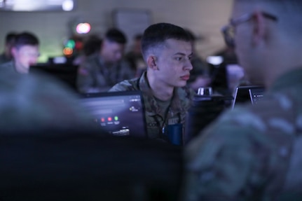 U.S. Army Pfc. Coleton Moore, 14th Cyber Warfare Company, Indiana National Guard, participates as a red team member during Cyber Shield 2026 in Little Rock, Arkansas, July 14, 2026.