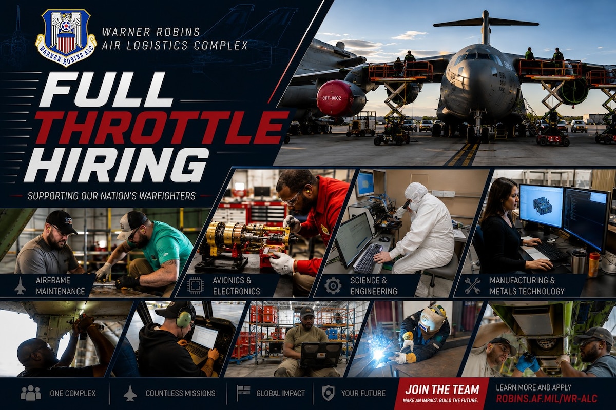 Graphic says "Full Throttle Hiring" and shows many people across the WR-ALC working at their jobs