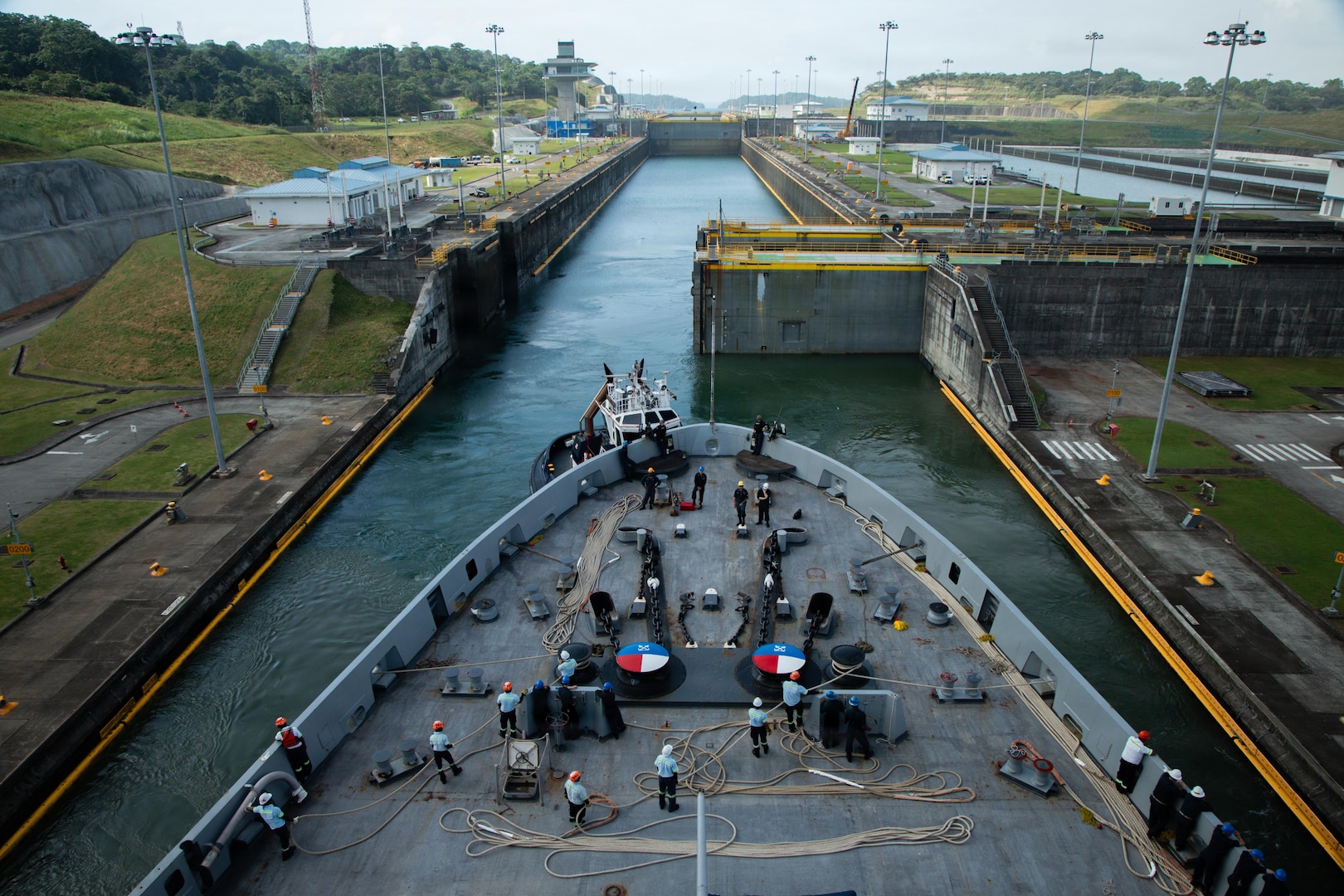 U.S. service member's on the USS San Antonio transit through the panama canal.