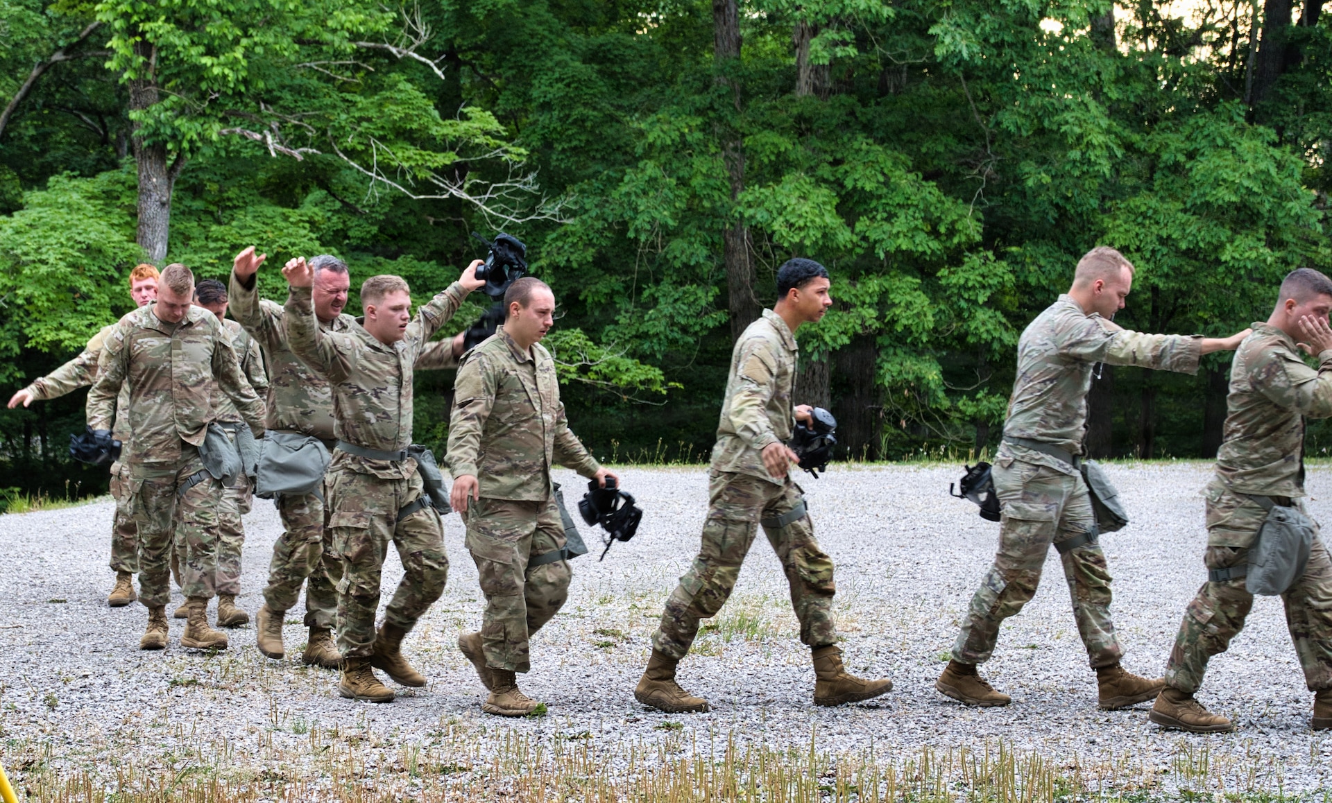 U.S. Army Soldiers with Bravo Battery, 1-623rd Field Artillery, conduct chemical, biological, radiological, and nuclear (CBRN) confidence training at Fort Knox, Kentucky, May 16, 2026.