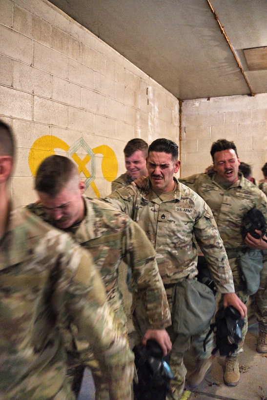 U.S. Army Soldiers with Bravo Battery, 1-623rd Field Artillery, conduct chemical, biological, radiological, and nuclear (CBRN) confidence training at Fort Knox, Kentucky, May 16, 2026.