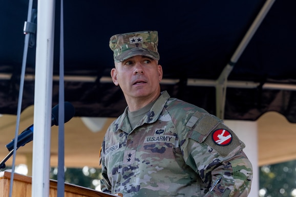 Maj. Gen. Kelly M. Dickerson, guest speaker at the 2nd Regiment, Basic Camp, graduation ceremony, Fort Knox, Ky., July 31, 2026. The ceremony marks the successful completion of Cadet Summer Training Basic Camp, a 29-day training course required for cadets that did not join ROTC their freshman year. | Photo by Makayla Dotson, South Carolina State University, CST Public Affairs Office