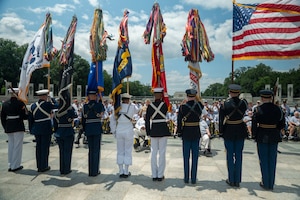 The Joint Armed Forces Color Guard presents the colors during an event at the World War II Memorial in Washington, D.C., July 29, 2026. The Honor Flight Chicago event honored military veterans from World War II, the Korean War and the Vietnam War. (U.S. Air Force photo by Airman 1st Class Arlene Carrara)