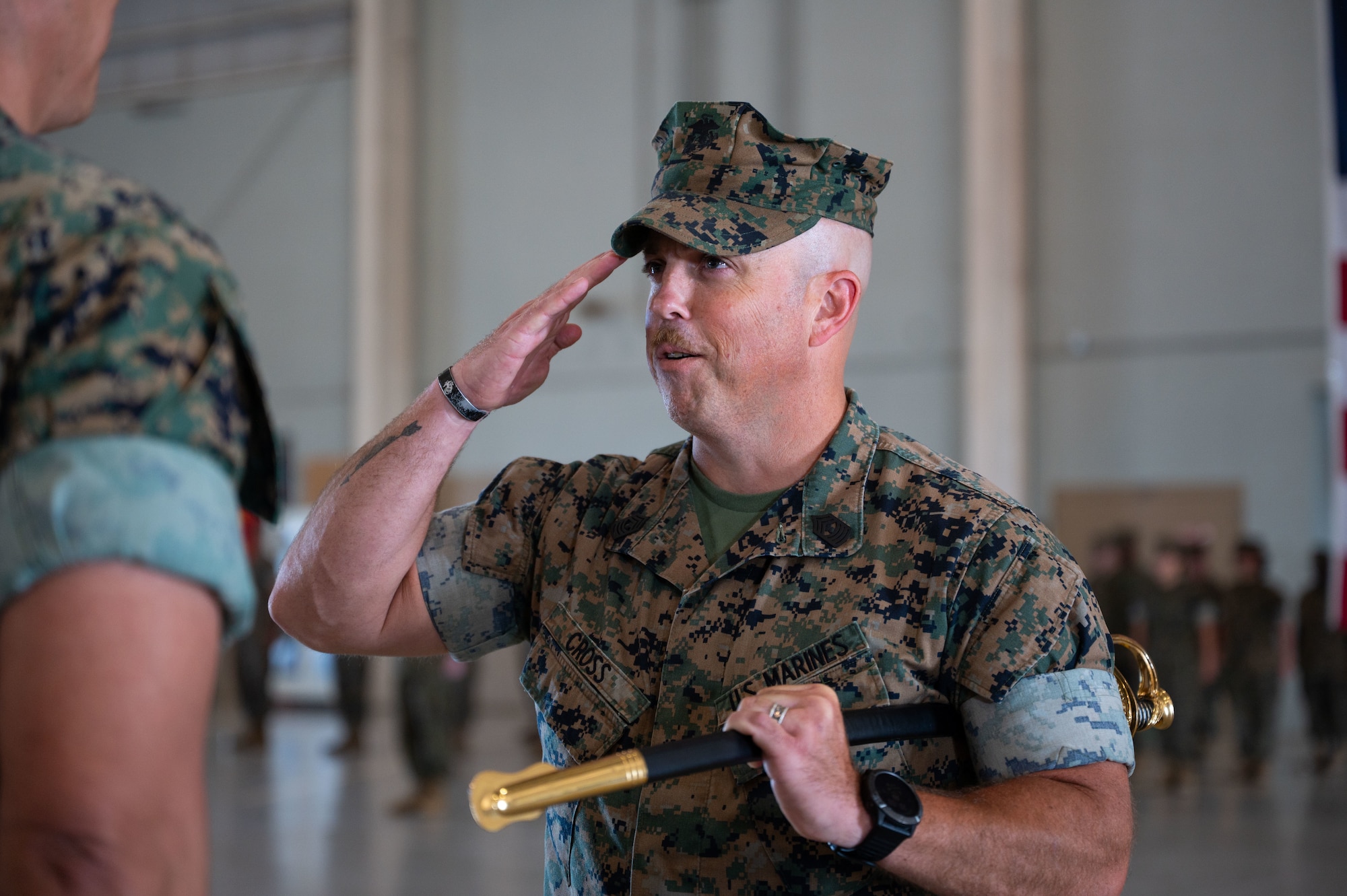 U.S. Marine Corps Master Gunnery Sgt. Darry Cross, outgoing Marine Corps Detachment Goodfellow senior enlisted leader, salutes Lt. Col. David Rubio, MCD Goodfellow commanding officer, during a relief and appointment ceremony, Goodfellow Air Force Base, Texas, July 24, 2026.