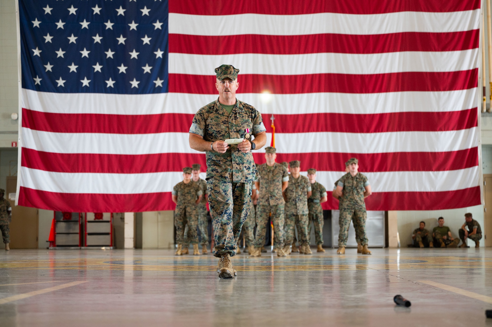 U.S. Marine Corps Master Gunnery Sgt. Darry Cross, outgoing Marine Corps Detachment Goodfellow senior enlisted leader, speaks during the relief and appointment ceremony, Goodfellow Air Force Base, Texas, July 24, 2026.