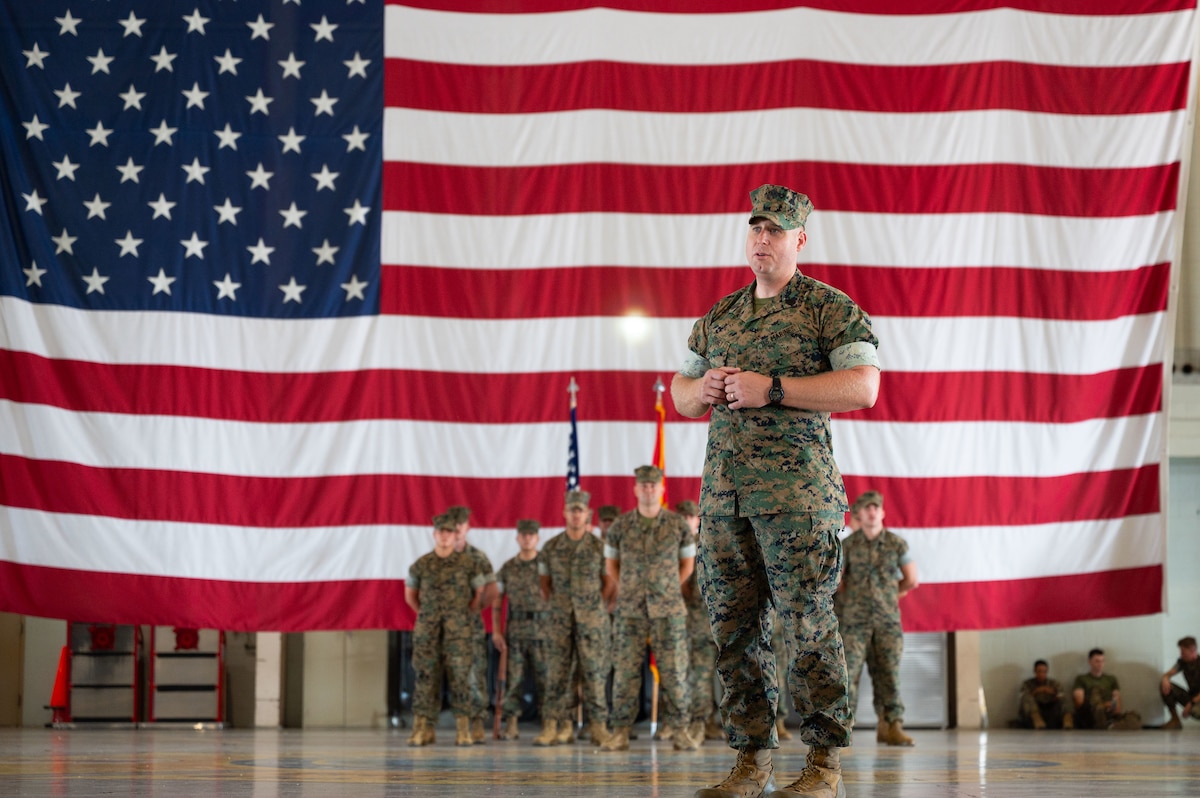 U.S. Marine Corps 1st Sgt. Brian Cooney, Marine Corps Detachment  Goodfellow senior enlisted leader, speaks during the relief and appointment ceremony, Goodfellow Air Force Base, Texas, July 24, 2026.