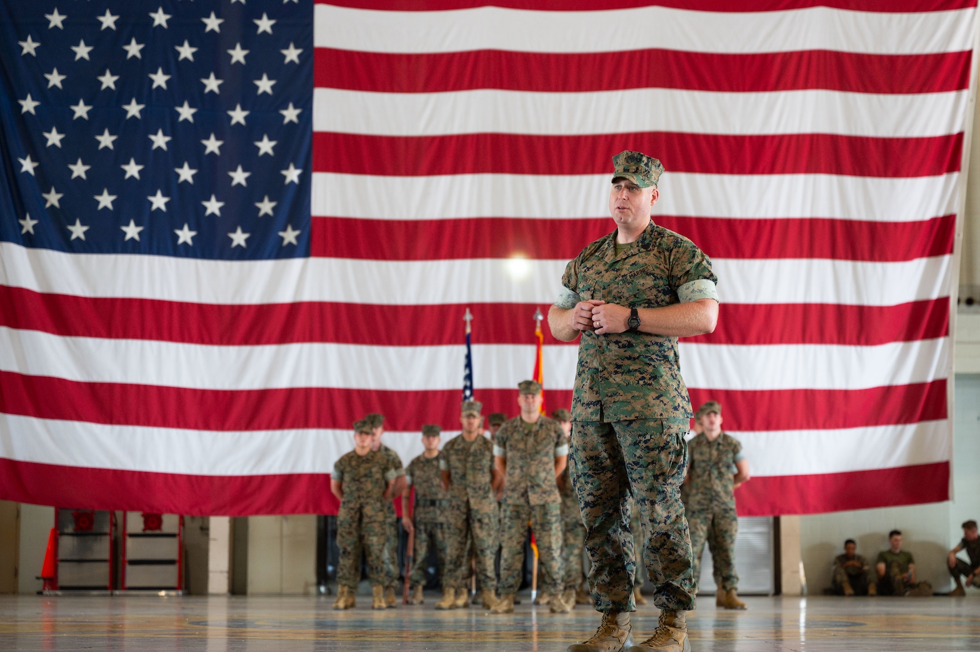 U.S. Marine Corps 1st Sgt. Brian Cooney, Marine Corps Detachment  Goodfellow senior enlisted leader, speaks during the relief and appointment ceremony, Goodfellow Air Force Base, Texas, July 24, 2026.