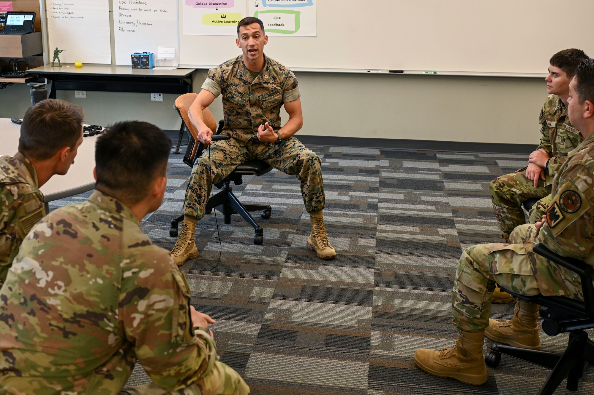 U.S. Marine Capt. Andrew Suarez, officer-in-charge of the Marine Corps Center for Learning and Faculty Development, Detachment West, Camp Pendleton, California, prepares to demonstrate a task to Air National Guard Instructor Course students, McGhee Tyson Air National Guard Base, Tennessee, July 22, 2026.  A shared commitment to advancing instructor development brought the first U.S. Marine Corps participant to the I.G. Brown Training and Education Center’s TEC-University Air National Guard Instructor Course. (U.S. Air National Guard photo by Master Sgt. Regina Young)