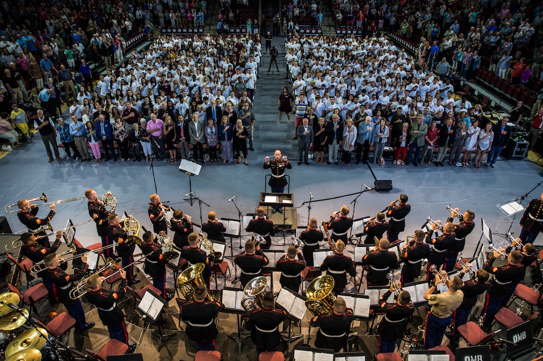 U.S. Marines with the Quantico Marine Band perform for a concert held at Roanoke College, Salem, Va. Aug. 28, 2017. The concert was part of a free annual summer concert series. (U.S. Marine Corps photo by Lance Cpl. Cristian L. Ricardo)