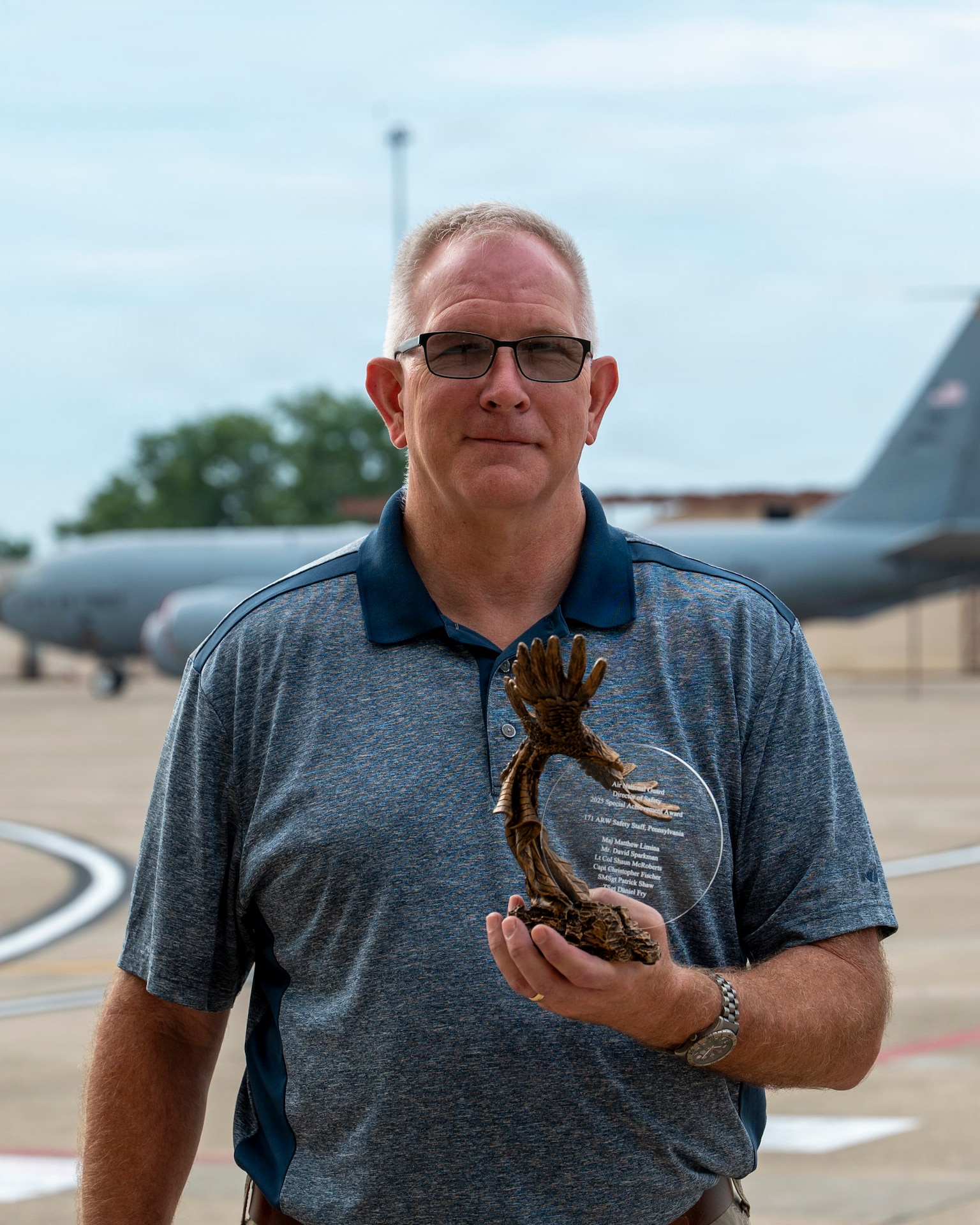 Dave Sparkman, occupational safety manager for the 171st Air Refueling Wing, poses for a photo at the 171st Air Refueling Wing, Aug. 1, 2026, near Pittsburgh, Pennsylvania. The 171st ARW Safety Office received the Air National Guard Director of Safety Outstanding Achievement Award for their contributions to mishap prevention, risk management, and safety program effectiveness. (U.S. Air National Guard photo by Tech. Sgt. Zoe M. Wockenfuss)