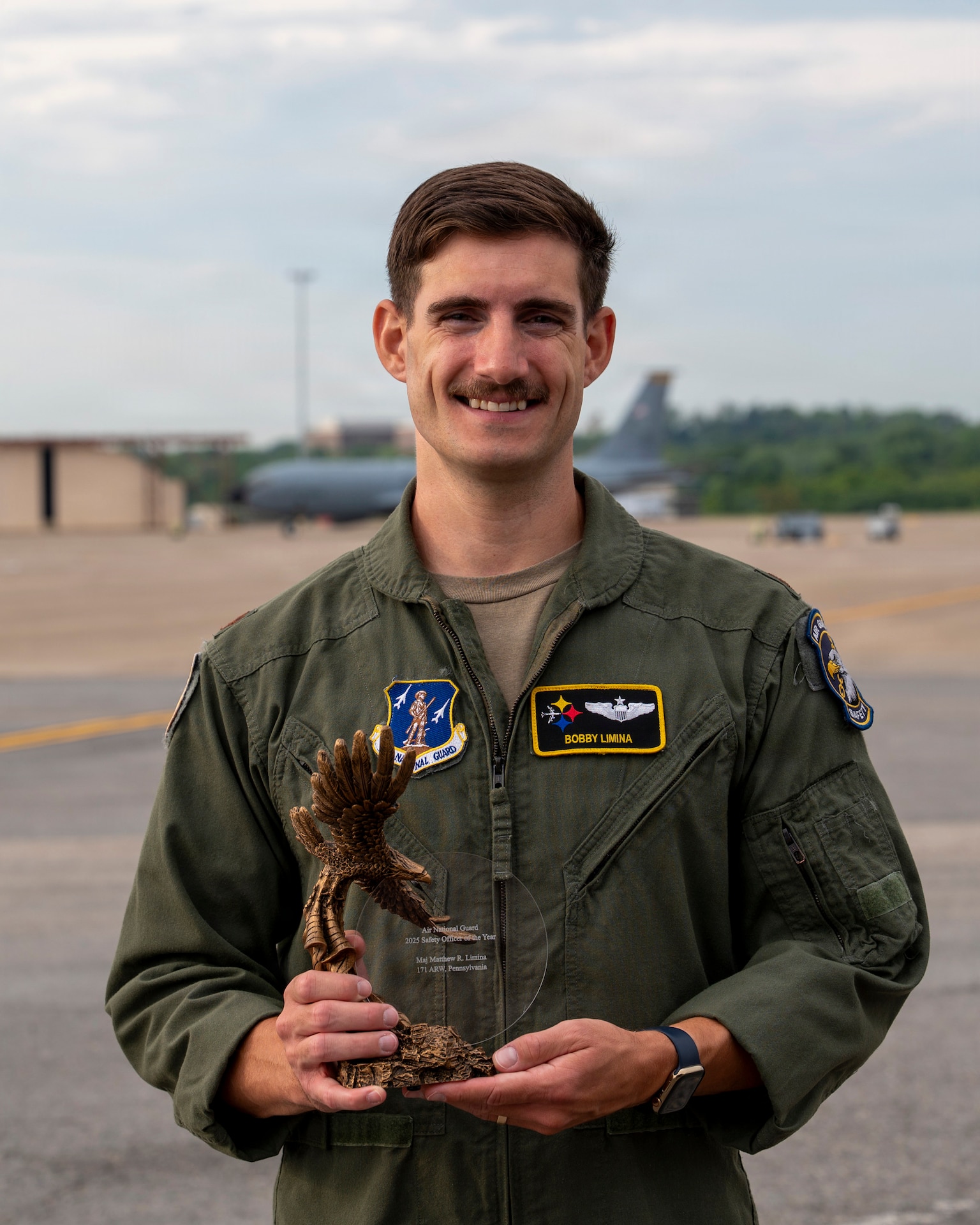 Maj. Matthew Limina, wing safety office for the 171st Air Refueling Wing, poses for a photo at the 171st Air Refueling Wing, Aug. 1, 2026, near Pittsburgh, Pennsylvania. The 171st ARW Safety Office received the Air National Guard Director of Safety Outstanding Achievement Award for their contributions to mishap prevention, risk management, and safety program effectiveness. (U.S. Air National Guard photo by Tech. Sgt. Zoe M. Wockenfuss)