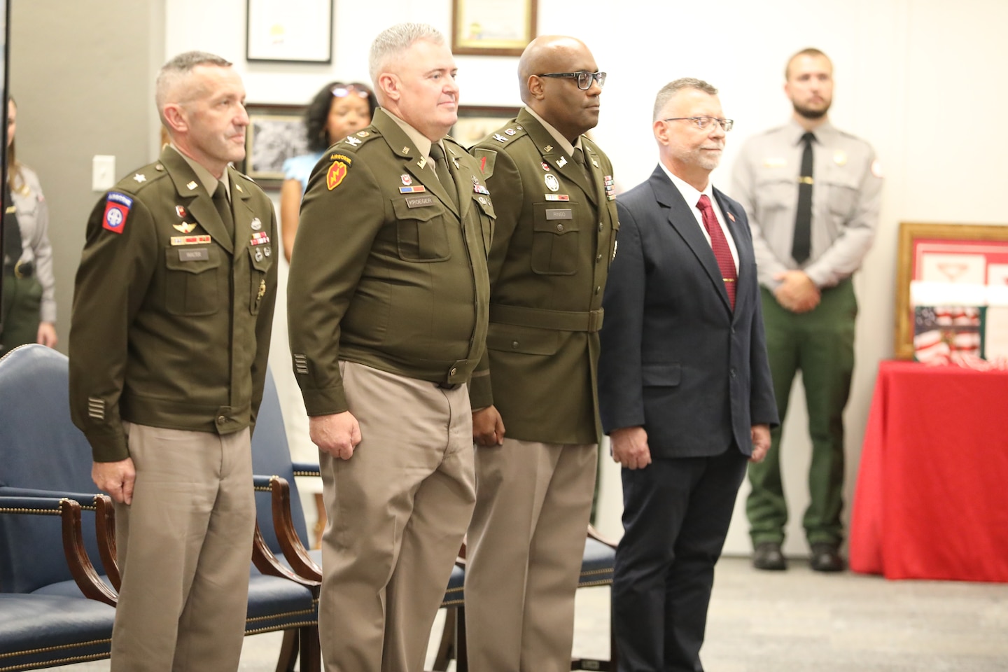 The official party for the change command consisted of Brig. Gen. George Walter, Commander of the Southwestern Division, Col. Calvin Kroeger, outgoing commander of the Fort Worth District, Col. Marlon Ringo, incoming commander of the Fort Worth District, and Bob Hardbarger, Deputy District Engineer, Programs and Project Management for the Fort Worth District.