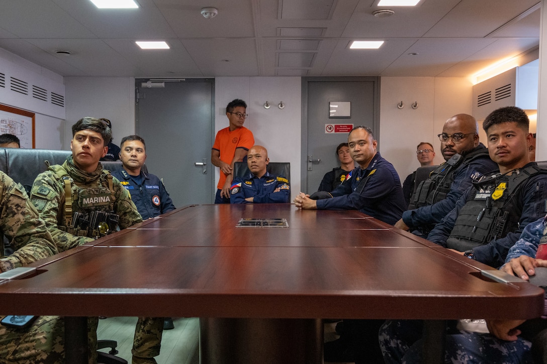 Mexican marines and sailors, Philippine coast guardsmen, and U.S. Coast Guardsmen go over law enforcement boarding procedures and techniques aboard the Philippine Navy offshore patrol vessel BRP Gabriela Silang (OPV-8301) in the Pacific Ocean, July 16, 2026. Thirty nations, 30 ships, five submarines, 15 national land forces, more than 190 aircraft and more than 30,000 personnel are participating in RIMPAC in and around the Hawaiian Islands, June 24 to July 31.