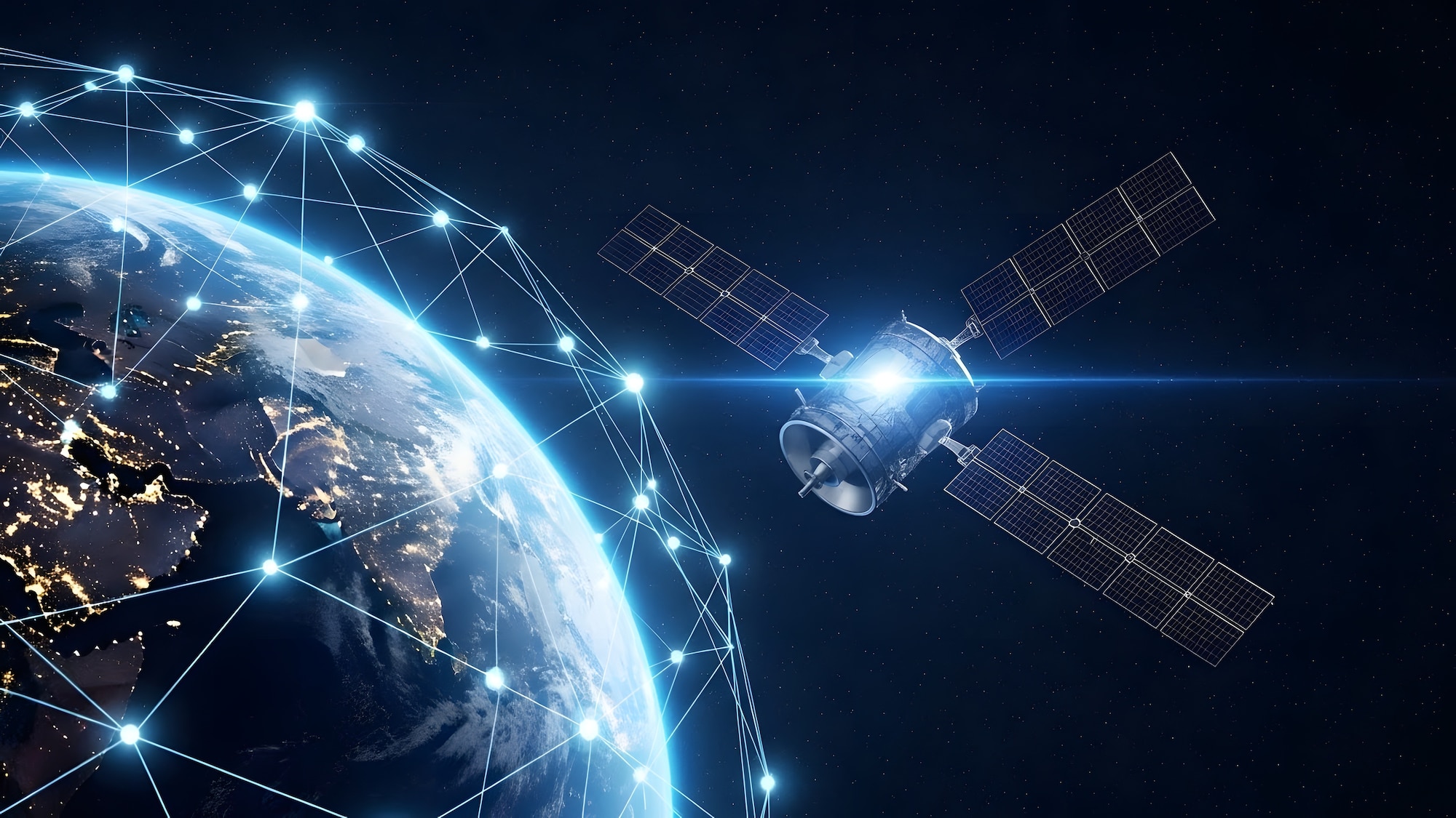 Global network connecting the earth with digital data streams and bright light flares