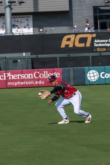 Jay Thomason, Wind Surge utility player, catches a ball at Equity Bank Park in Wichita, Kansas, July 25, 2026. Jay graduated from the U.S. Air Force Academy in 2024 and was drafted by the Minnesota Twins baseball organization and currently plays for their affiliate team. (U.S. Air Force photo by Airman 1st Class Tavian Sims)