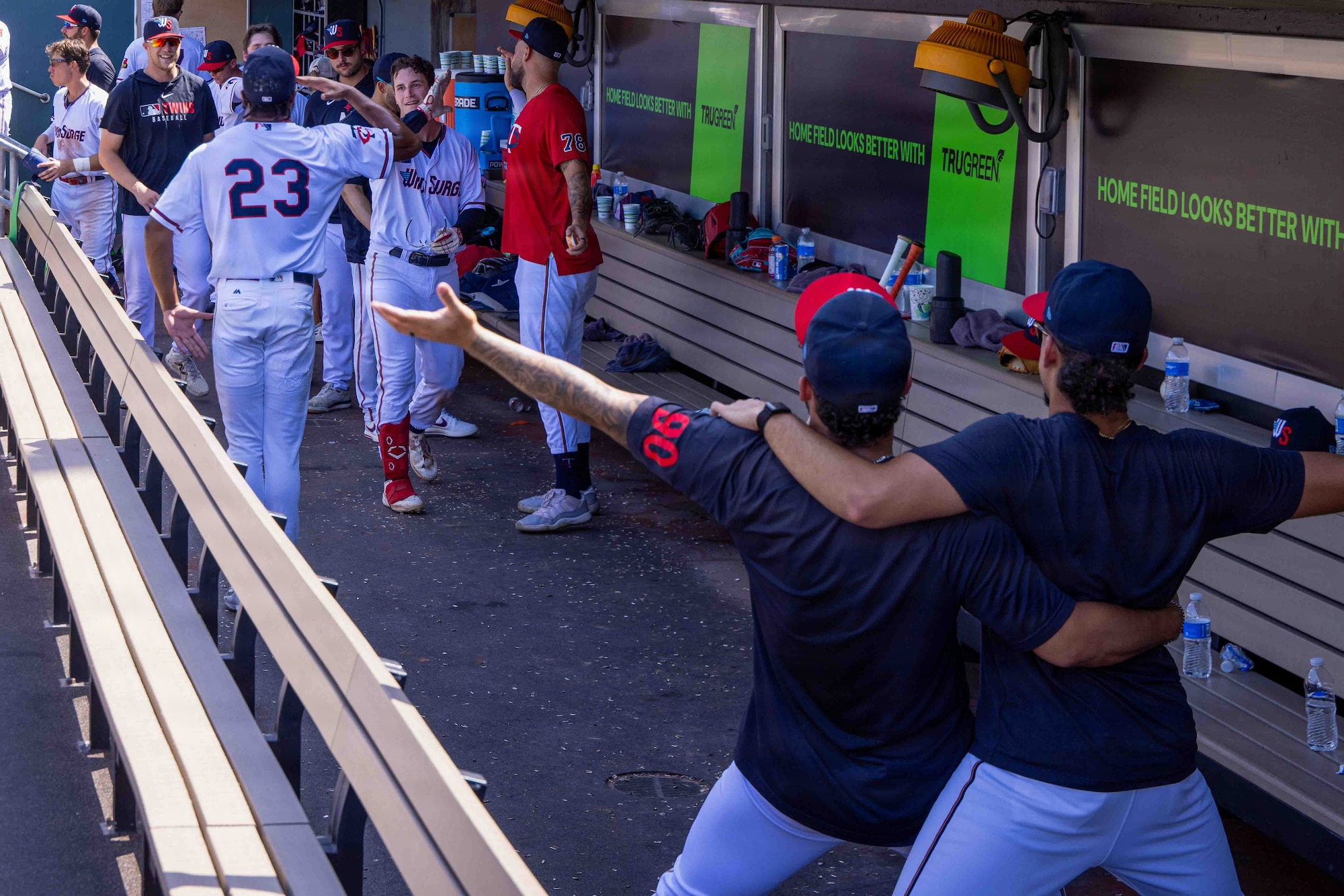 Players from the Wind Surge celebrate as Jay Thomason, Wind Surge utility player, hits a home run at Equity Bank Park in Wichita, Kansas, July 26, 2026. Jay graduated from the U.S. Air Force Academy in 2024 and was drafted by the Minnesota Twins baseball organization and currently plays for their affiliate team. (Courtesy Photo)