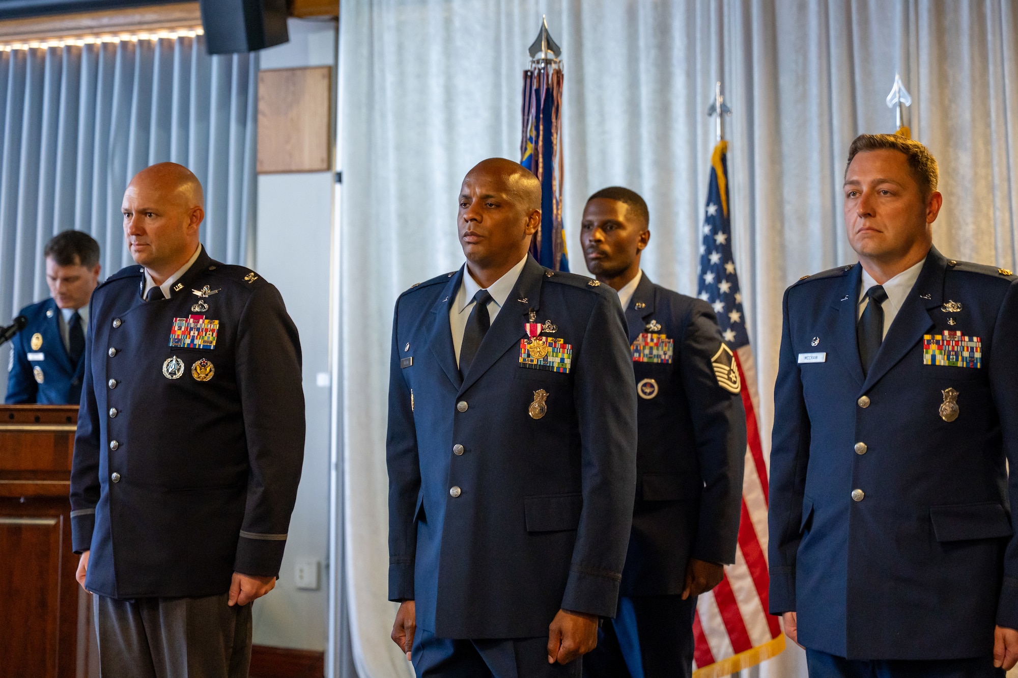 Military members participate in a change of command ceremony.